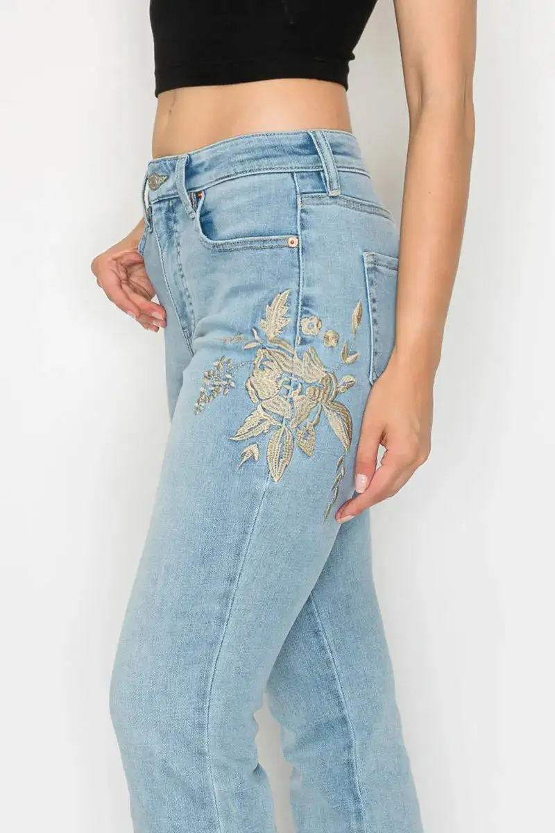 High Rise Embroidered Vintage Style Bootcut Denim Jeans