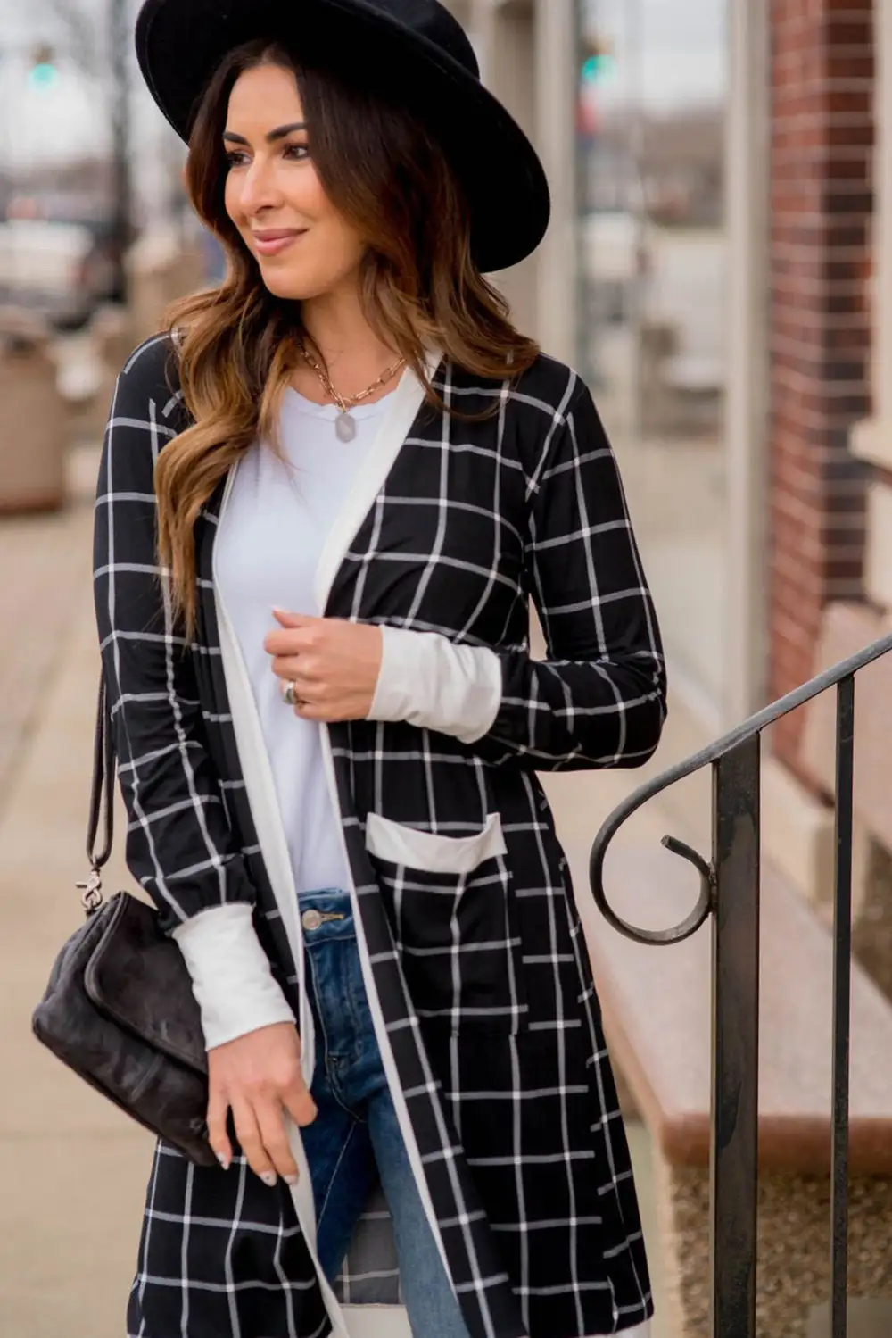 Plaid Color Block Edge Open Pocketed Cardigan