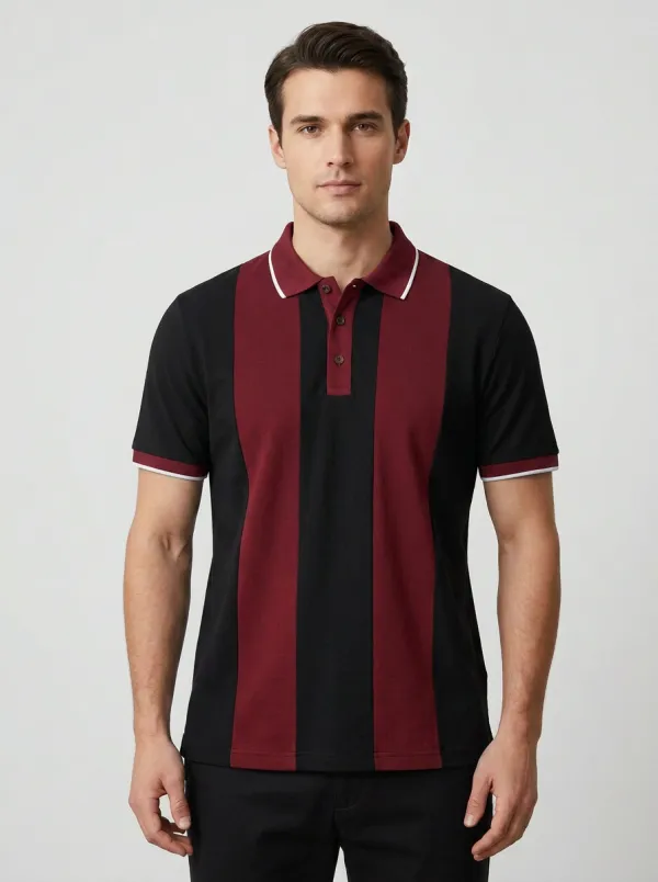 Men's Knit Ribbed Striped Colorblock Polo Shirt