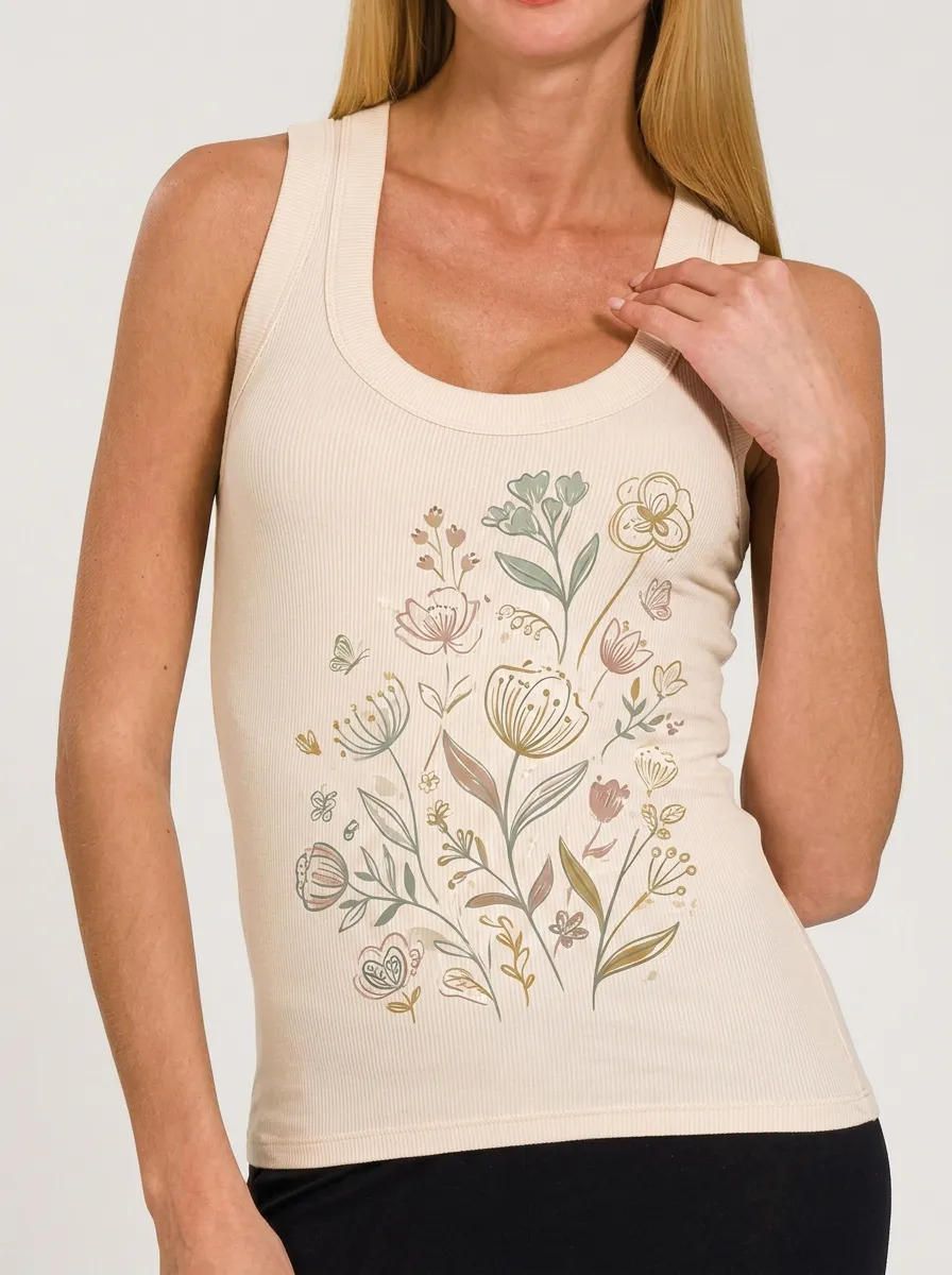 Women's Botanical Nature Lover Wildflower Printed Ribbed Tank Top