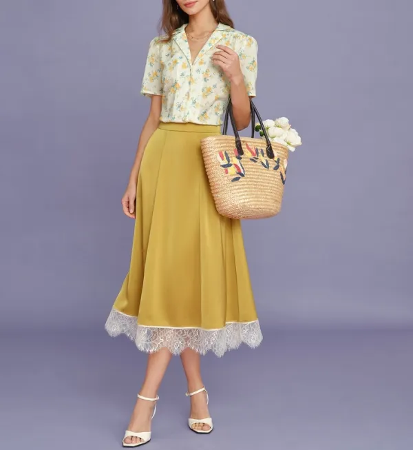 Yellow Lace Satin Midi Skirt
