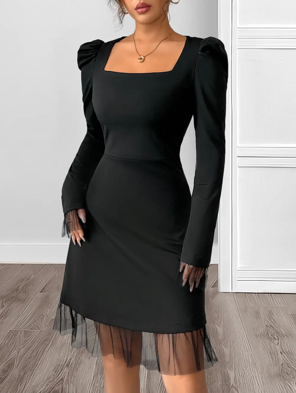 Square Neck Puff Sleeve A Line Mini Dress