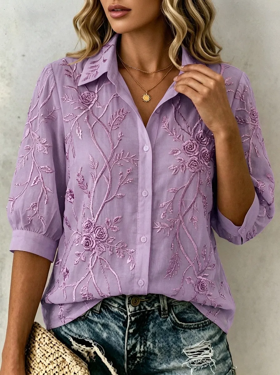 Women's Breast Cancer Awareness Pink Floral Embroidered Button-up Shirt