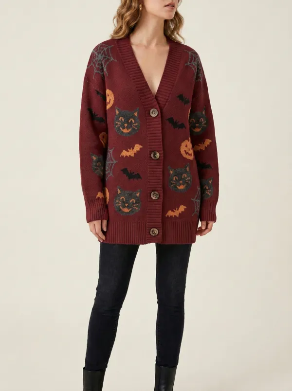 Women's Halloween Cat Pumpkin Bat Spiderweb Patterned Knit Cardigan