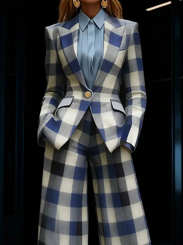 Long Sleeve Relaxed Button Front Contrast Color Plaid Blazer