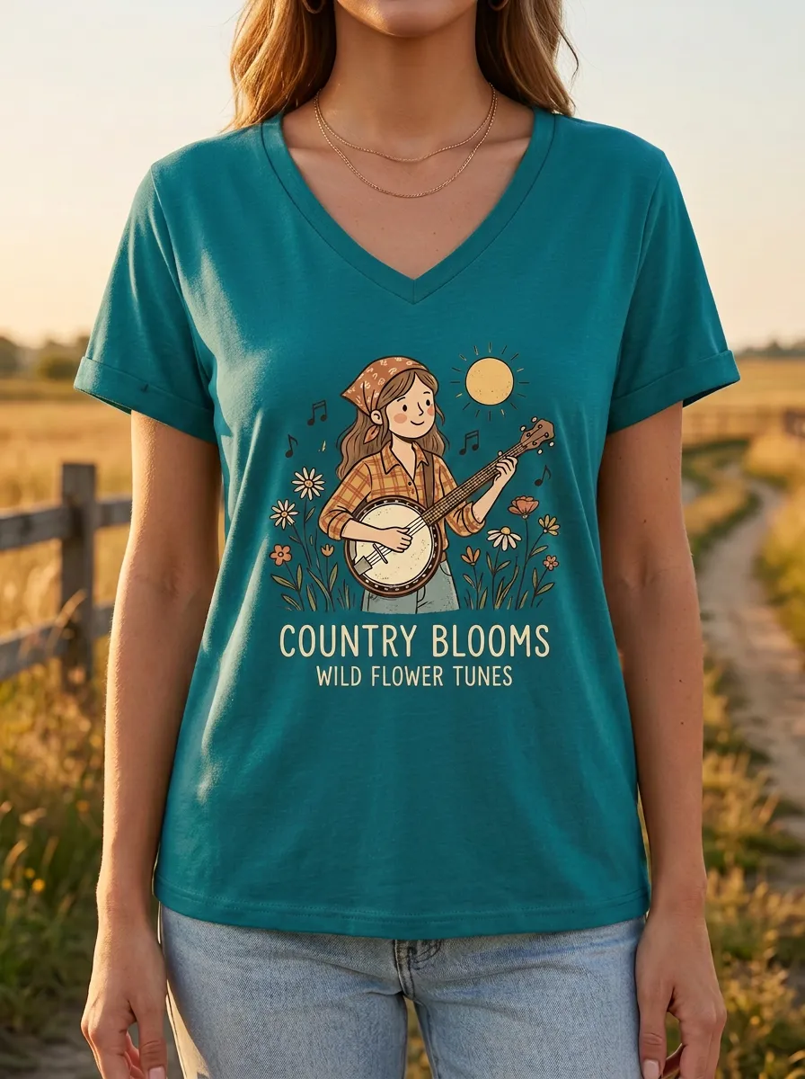 Heritage Banjo Wildflower Women's Country Music V-Neck T-Shirt
