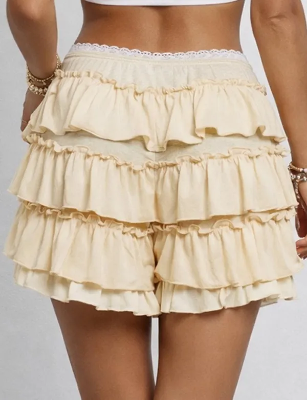 Bow Elastic Waist Lace Trim Tiered Ruffle Mini Shorts
