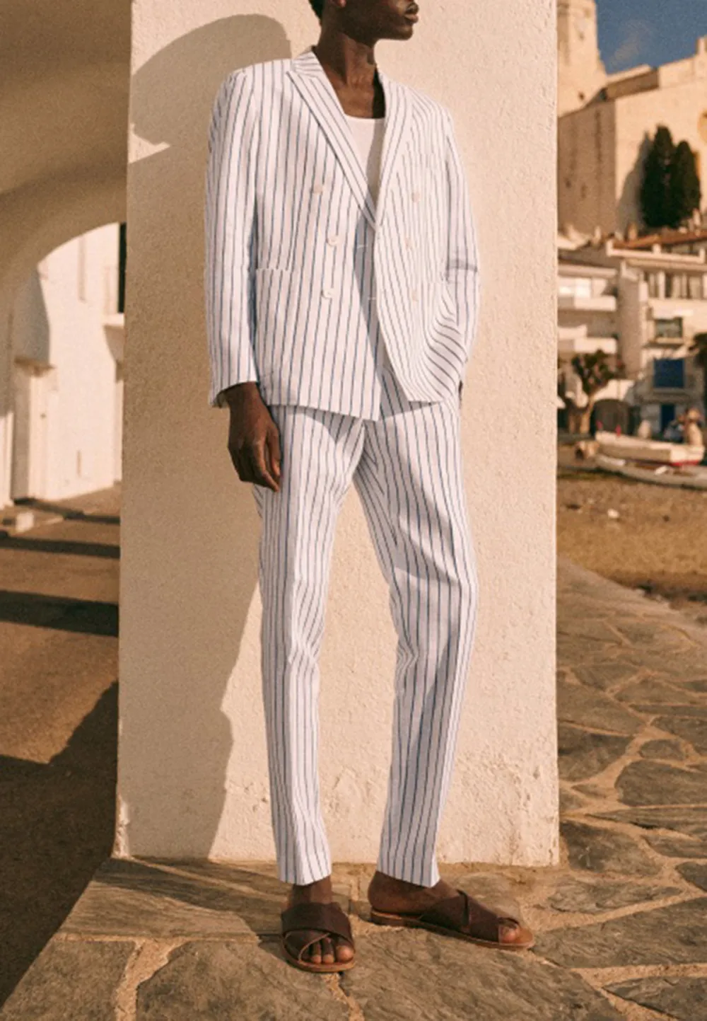 White Blue Stripe Tailored Two-Piece Suit Jacket
