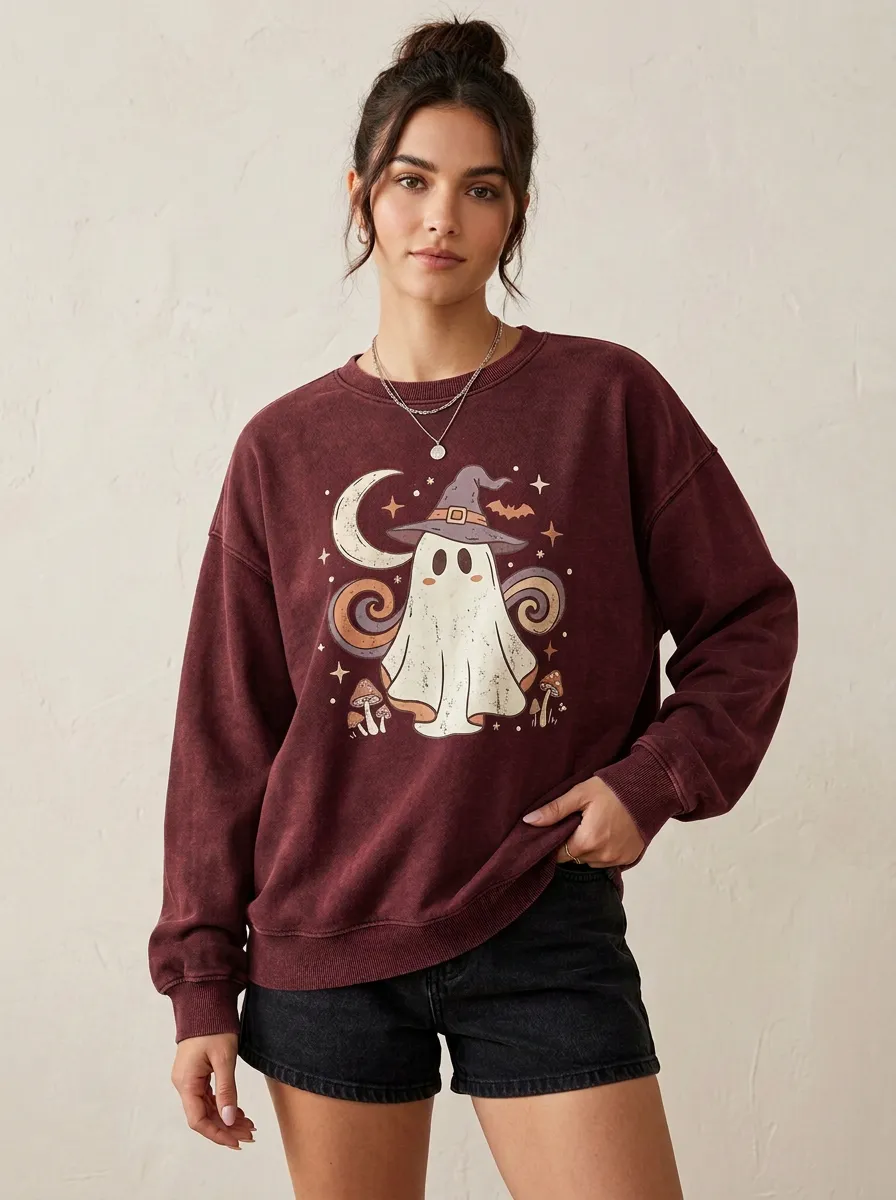 Women's Halloween Ghost Mushroom Moon Printed Sweatshirt