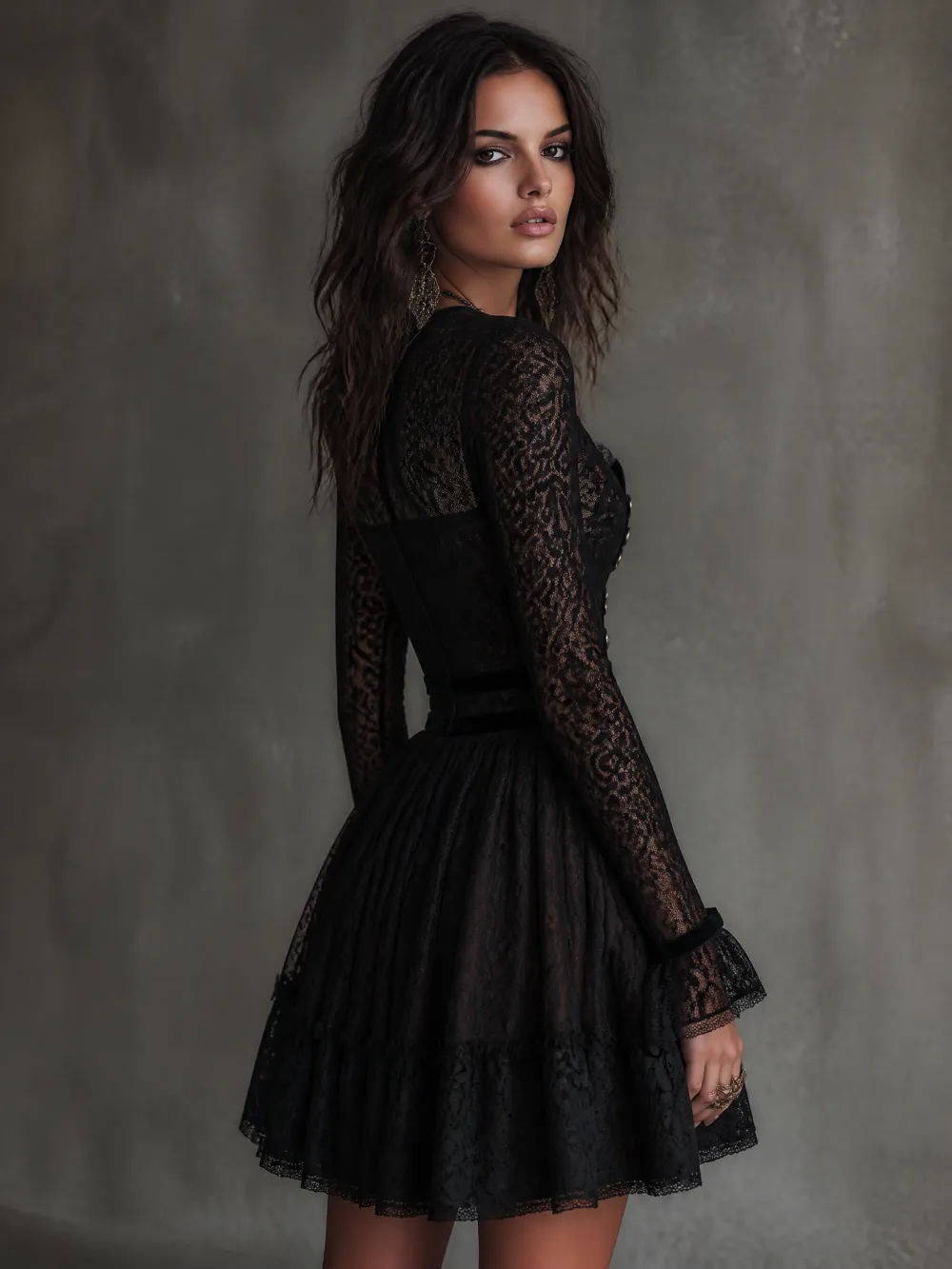 VIntage Black Lace Long Sleeve Zip-Up Mini Dress with Button Detail