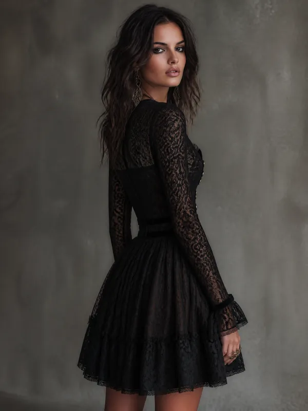 VIntage Black Lace Long Sleeve Zip-Up Mini Dress with Button Detail
