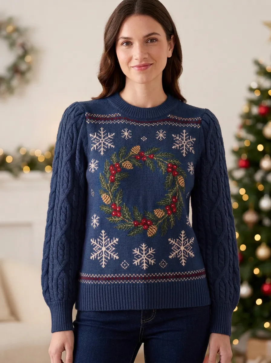 Winter Christmas Holiday Wreath Snowflake Pattern Print Sweater