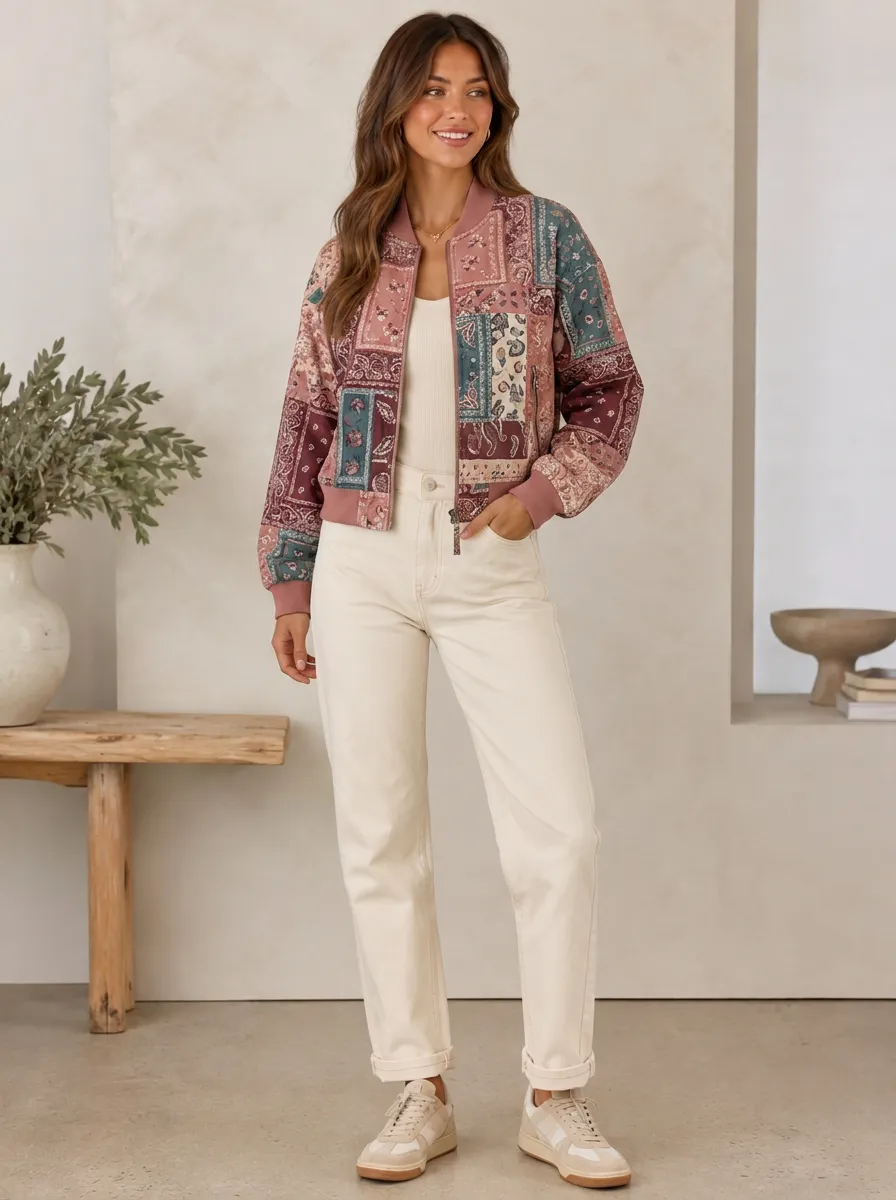 Women's Boho Patchwork Paisley Ribbed Trim Side Pocket Bomber Jacket