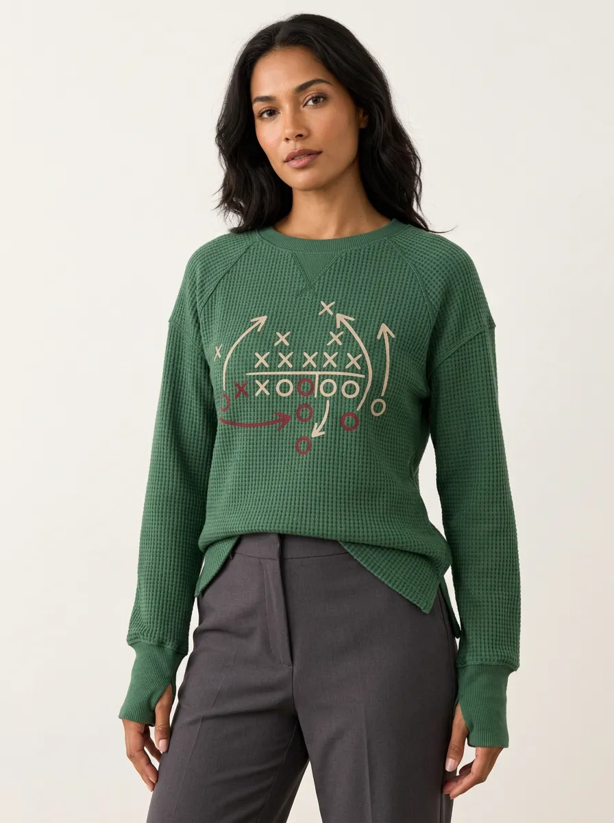 Women's Football Play Diagram Graphic Raglan Thumbhole-Cuff Waffle-Knit Crewneck Sweatshirt