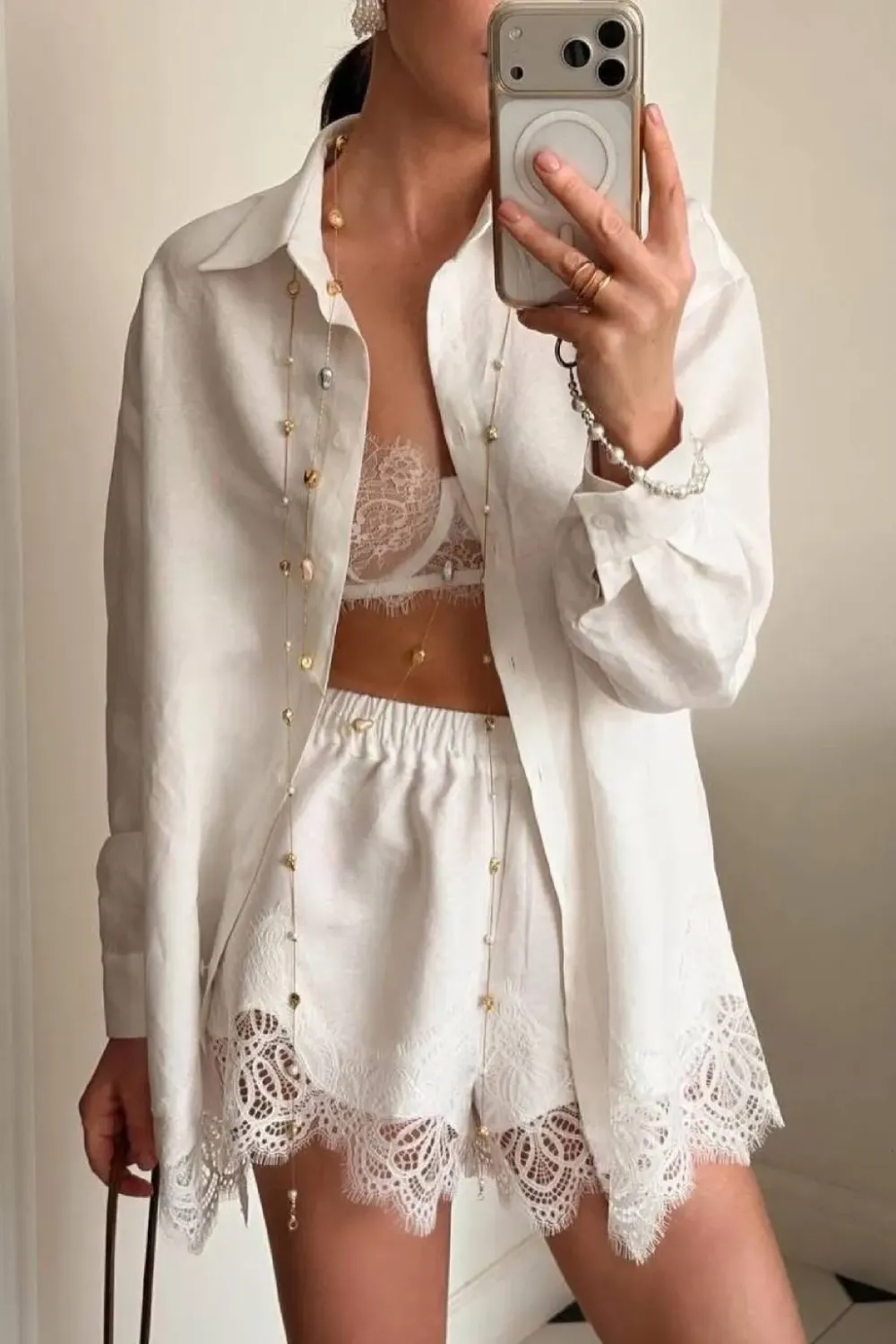Emma Lapel Long-Sleeve Shirt & Lace-Paneled Shorts Set