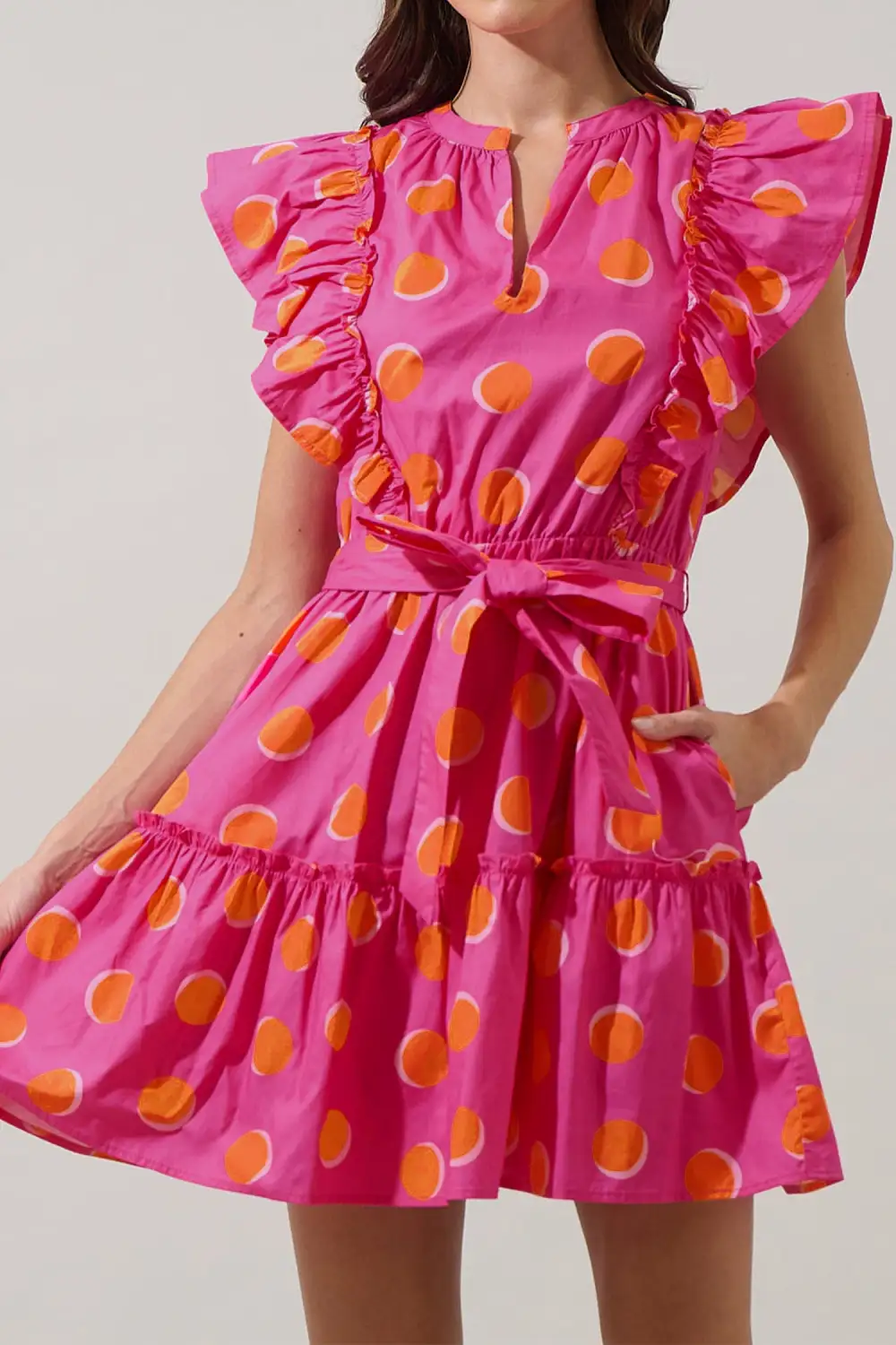 Polka Dot Ruffle Trim V-Neck Mini Dress