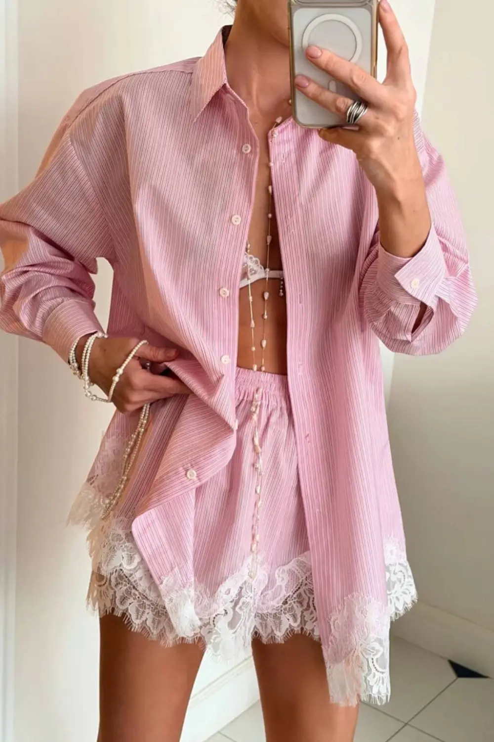 Emma Lapel Long-Sleeve Shirt & Lace-Paneled Shorts Set
