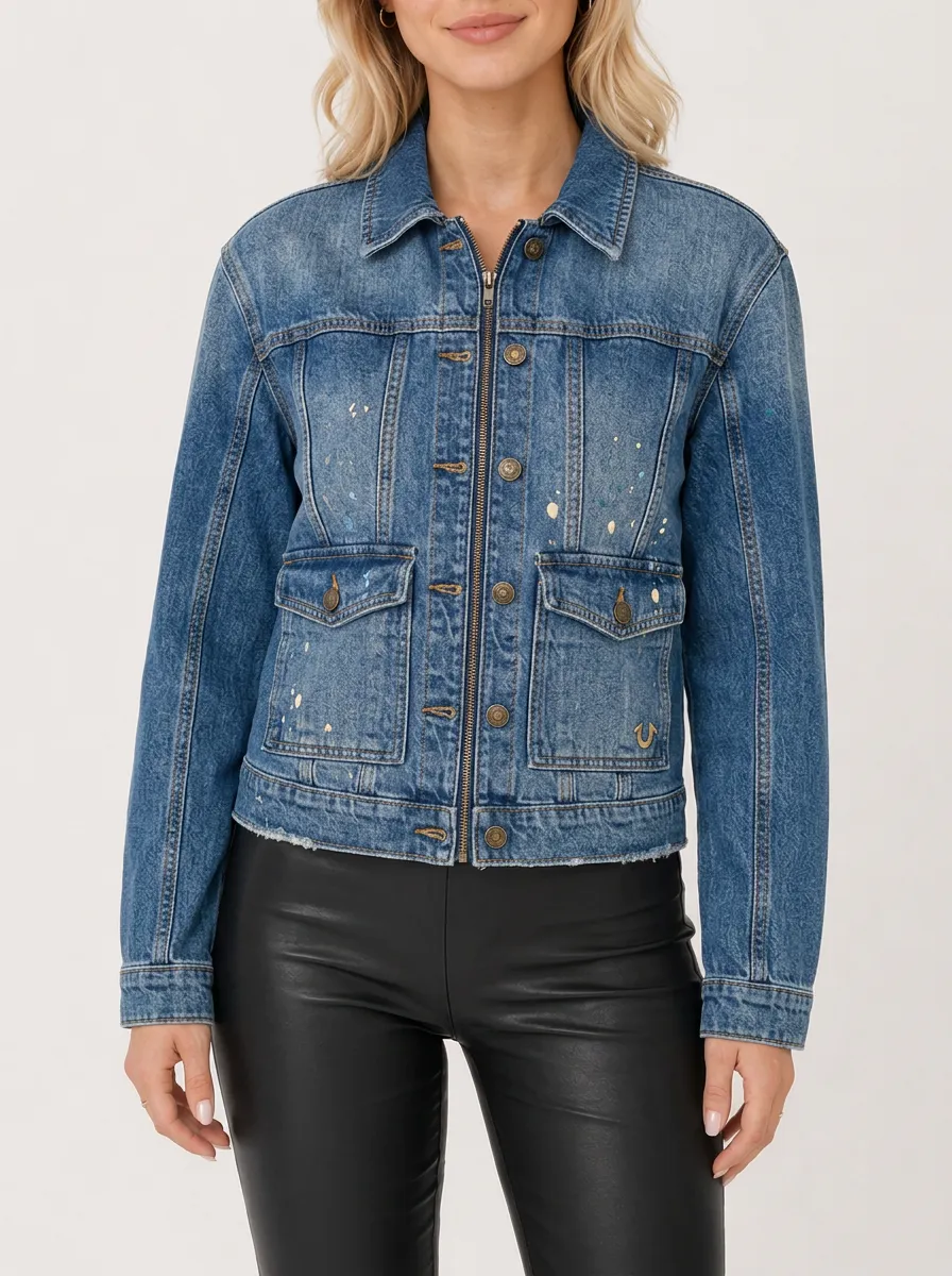 Women's Casual Fashion Paint Splatter Printed Denim Jacket