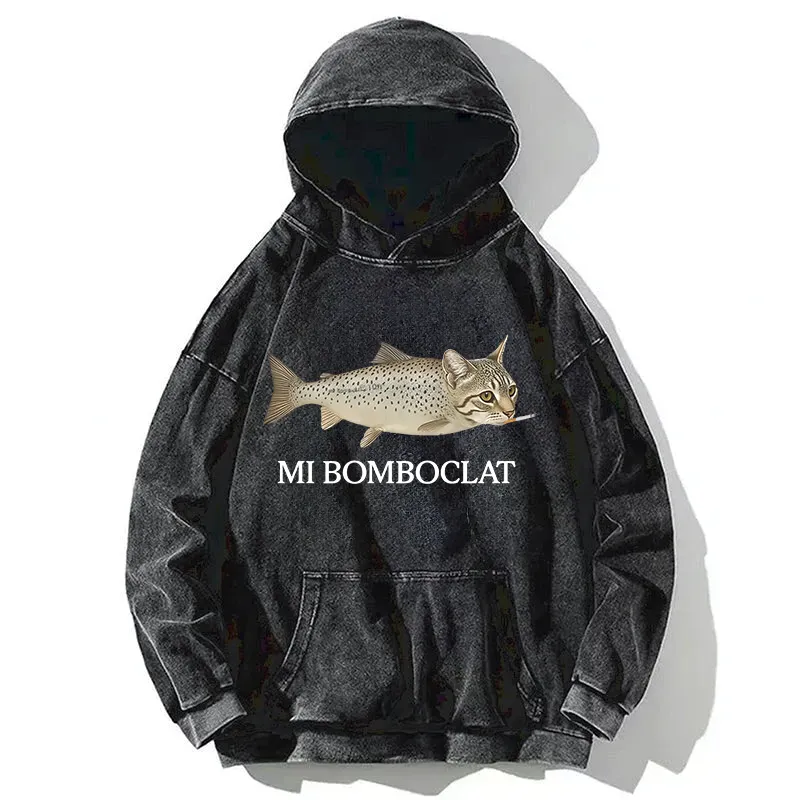 Fish Cat Meme Washed Hoodie