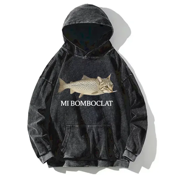 Fish Cat Meme Washed Hoodie