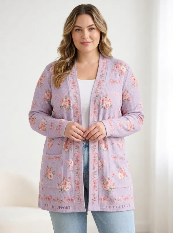 Women's Breast Cancer Awareness Pink Ribbon Floral Printed Cardigan