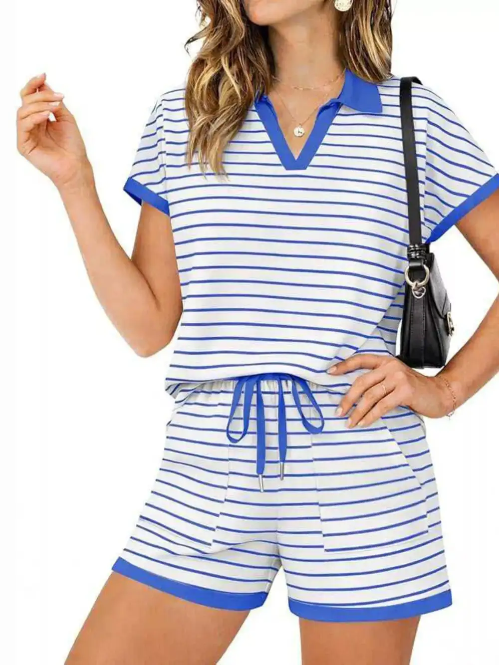 Striped Short Sleeve Polo Shorts Set