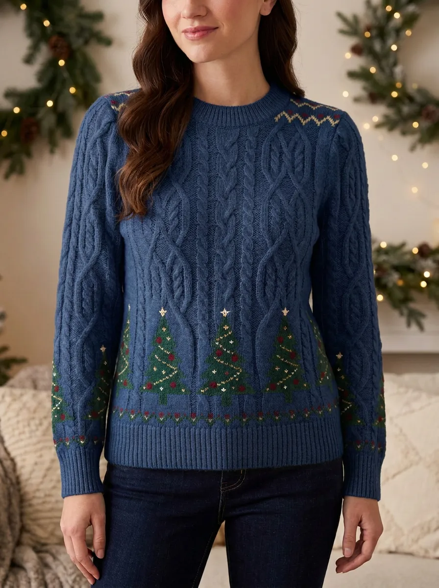 Christmas Holiday Pine Tree Patterned Cable Knit Sweater