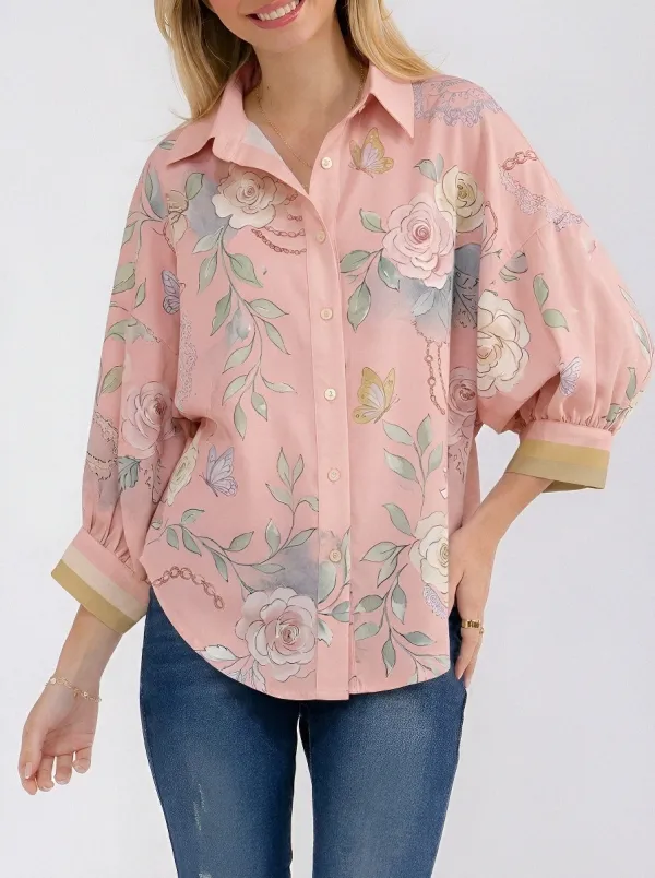 Women's Floral Butterfly Chain Pattern Printed Button-Up Shirt