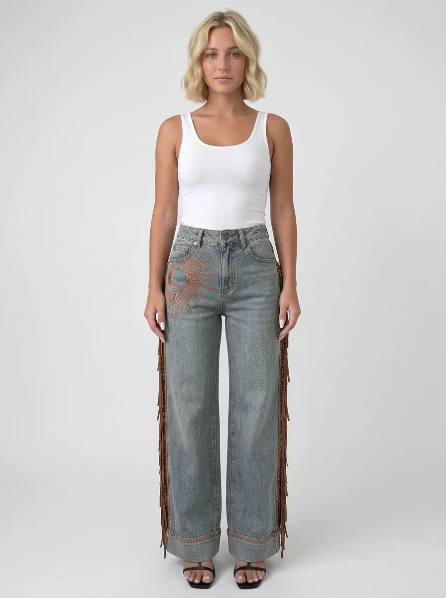 Women's Boho Celestial Sun Moon Fringed Printed Jeans