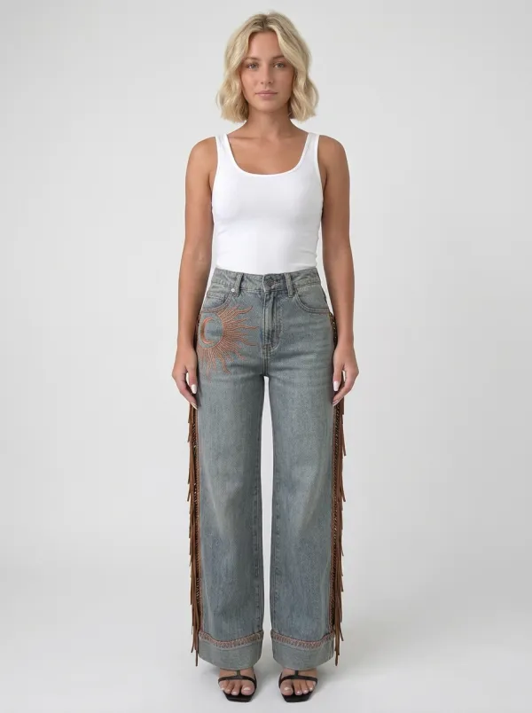 Women's Boho Celestial Sun Moon Fringed Printed Jeans