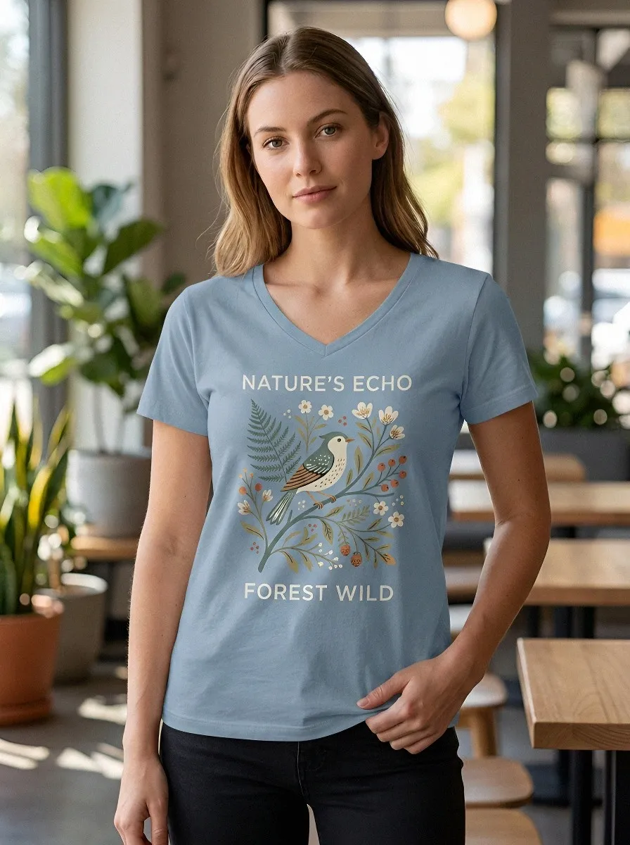 Women's Nature Lover Bird Fern Floral Printed V-neck T-shirt