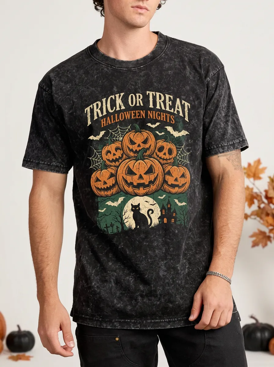 Men's Halloween Trick or Treat Pumpkin Cat Printed T-shirt
