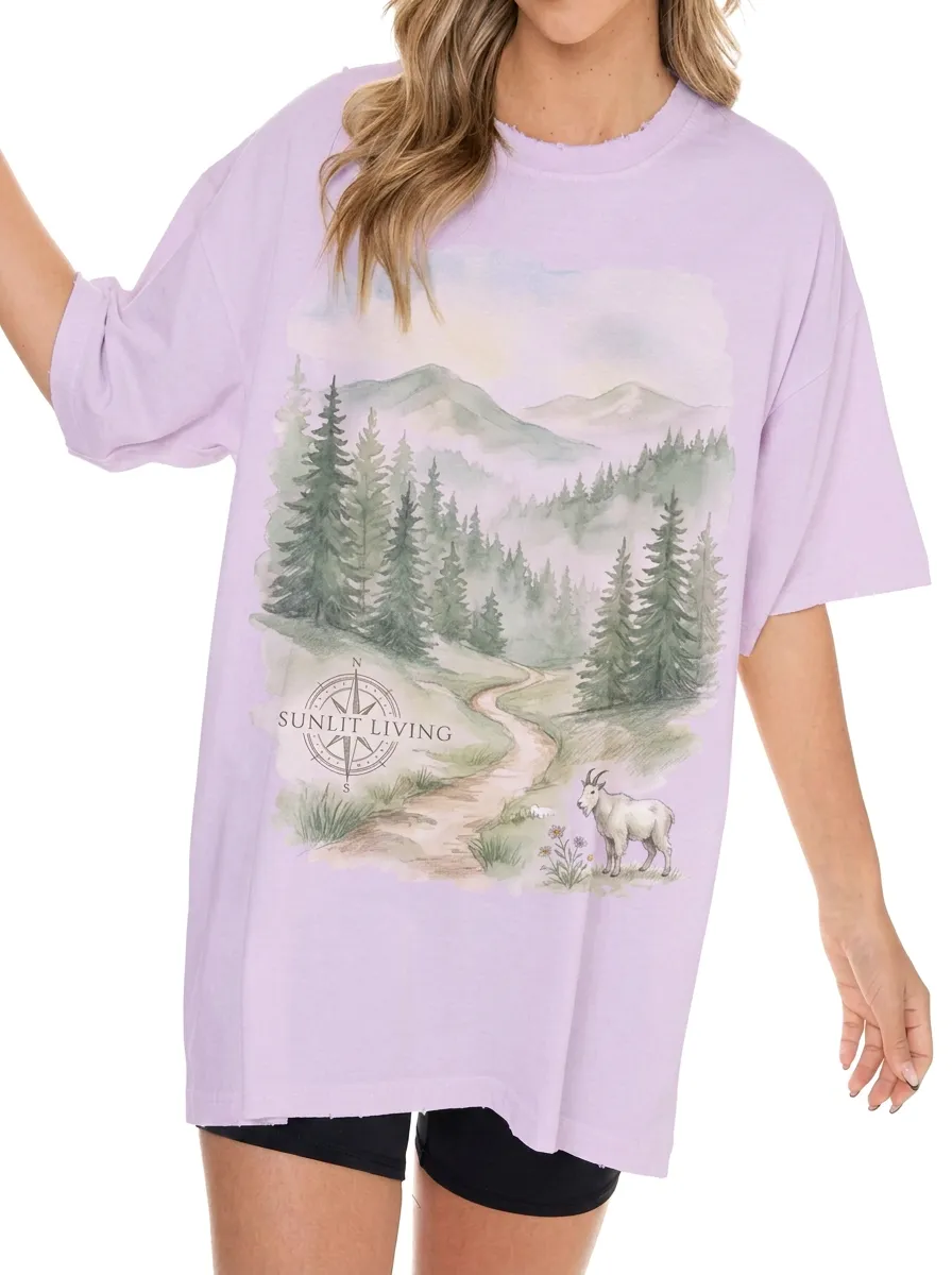 Women's Nature Lover Mountain Goat Compass Printed T-shirt
