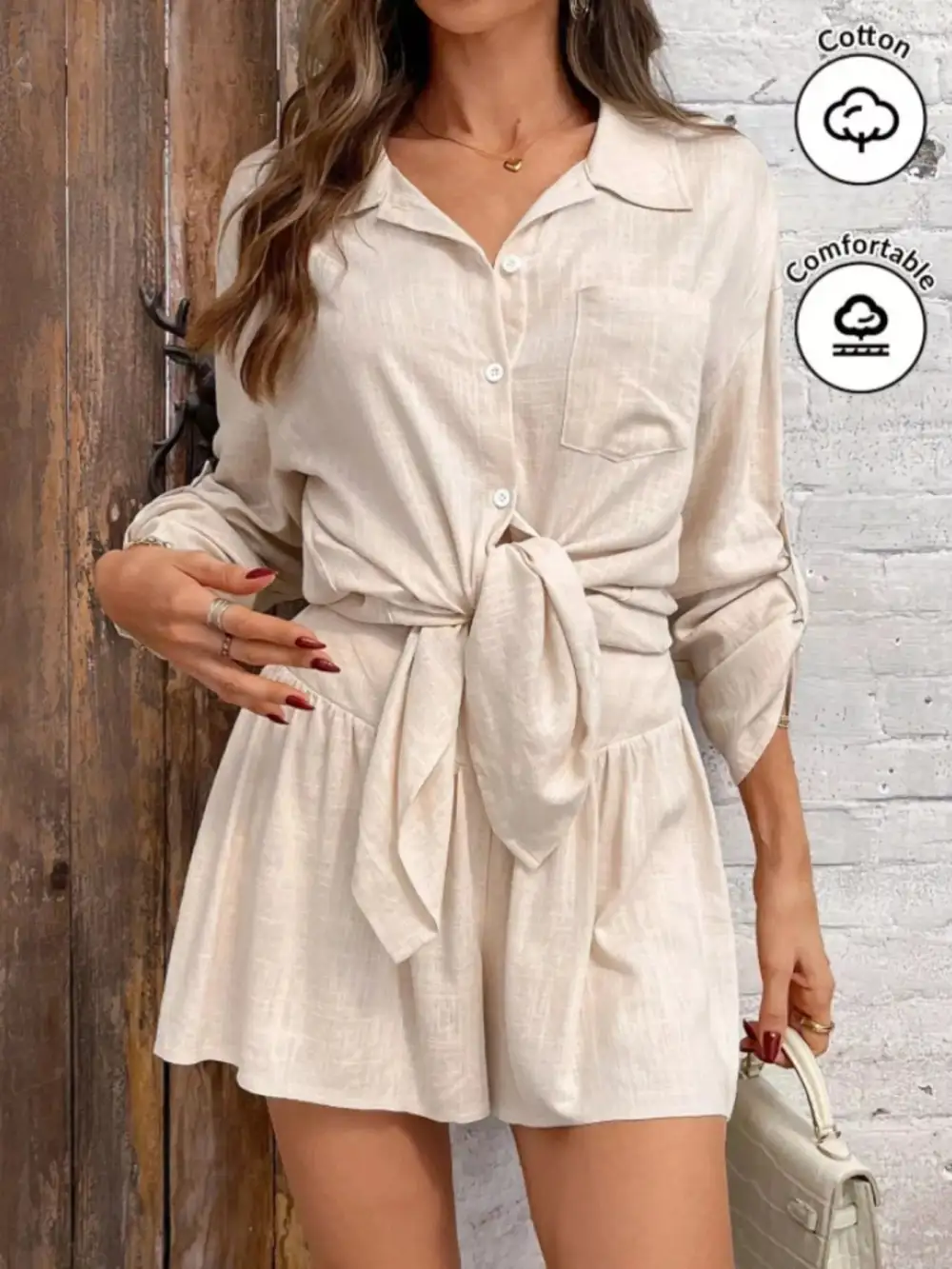 Button Up Roll Up Sleeve Shirt Shorts Set