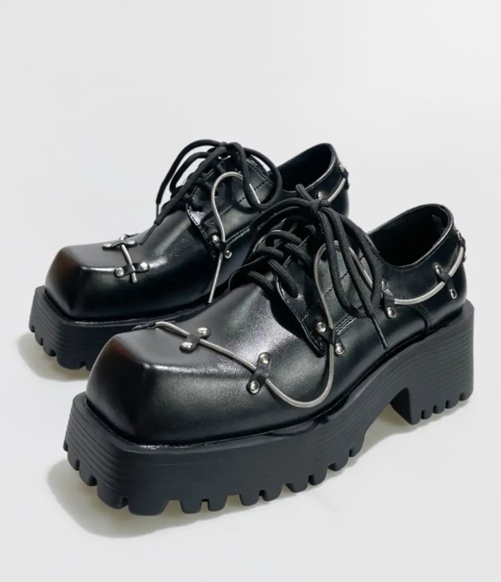 Square Toe Chunky Heel Leather Platform Shoes