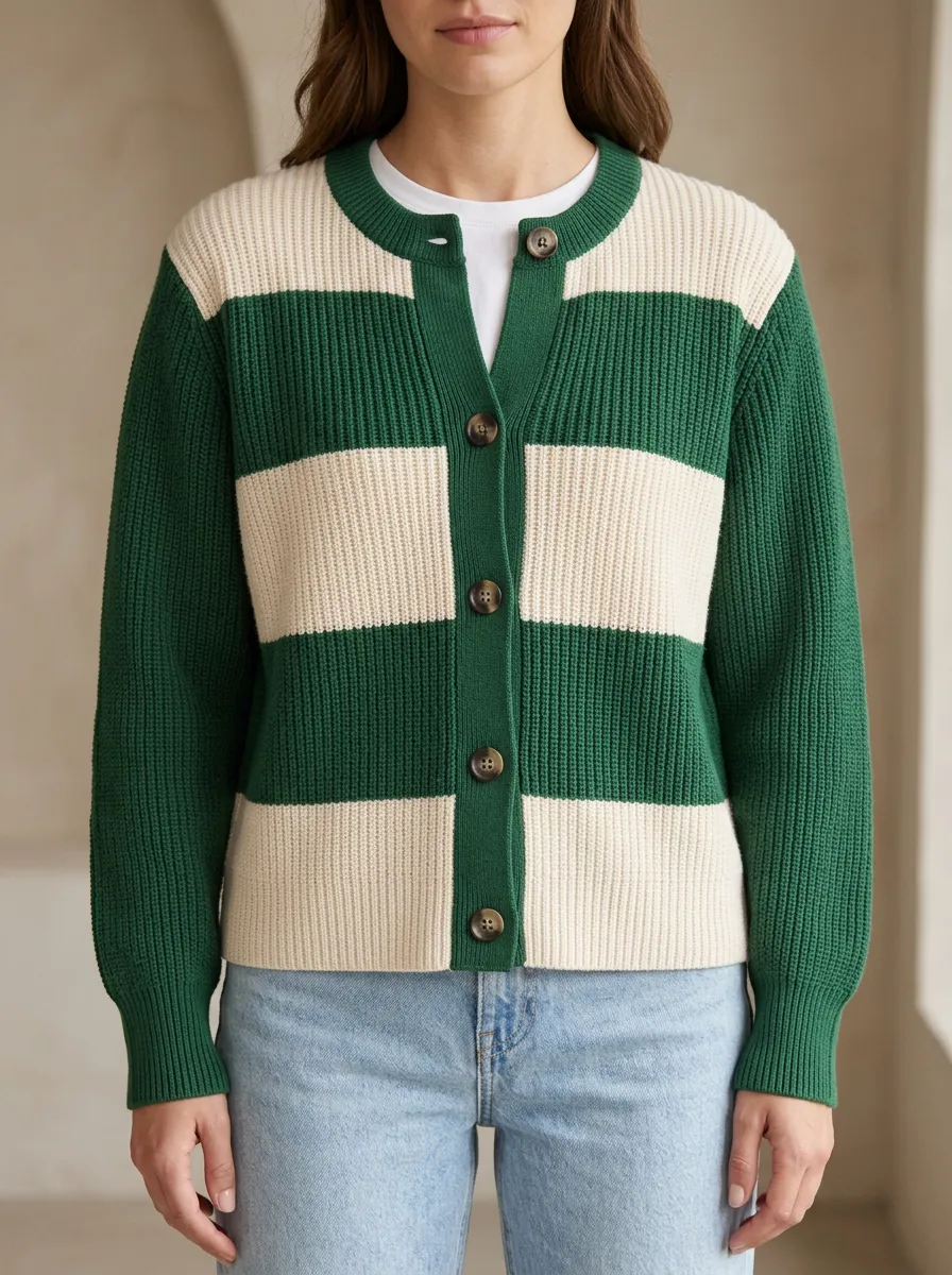 Classic Waffle Distinctive Rugby Striped Knit Cardigan