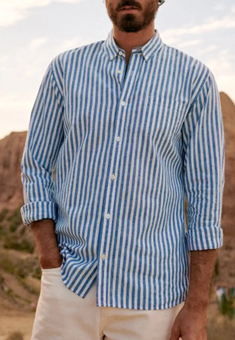 White Blue Vertical Stripe Cotton Linen Blend Shirt