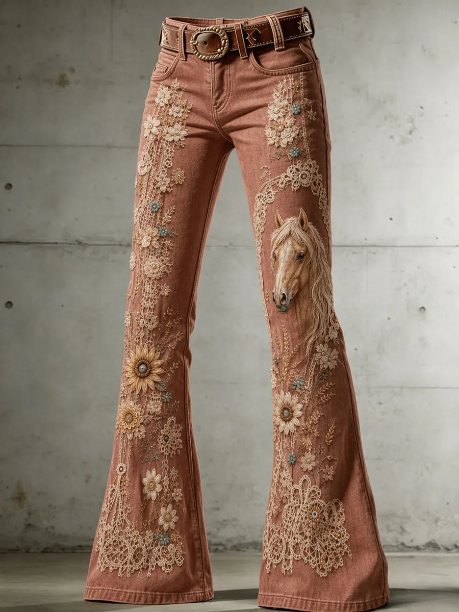 Ladies' Western Style Horse Floral Pattern Jeans