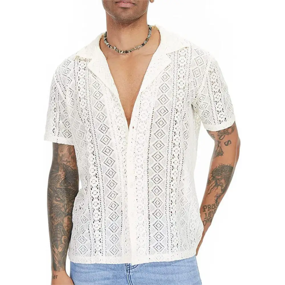 Men's Airy Crochet Knit Polo With Open V-Neck And Classic Collar
