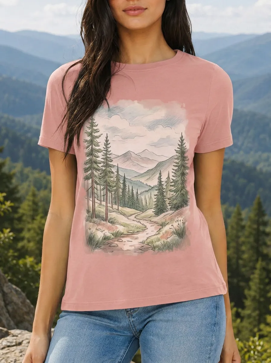 Women's Nature Lover Mountain Forest Trail Watercolor Printed T-shirt