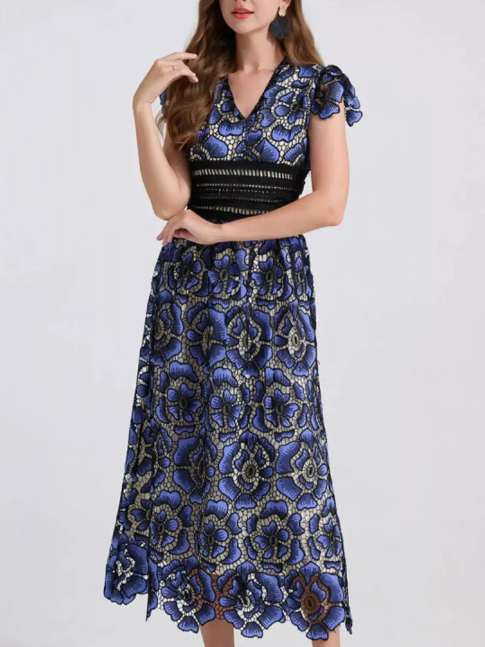 V-Neck Ruffle Sleeve Midi Dress