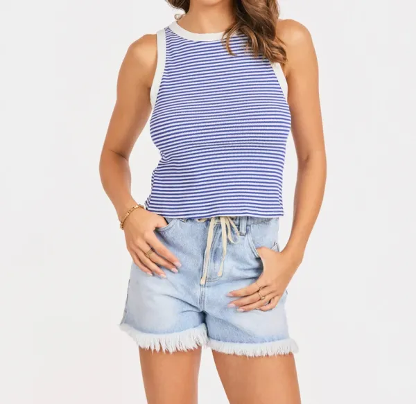 Blue Striped Cotton Blend Relaxed Tank Top