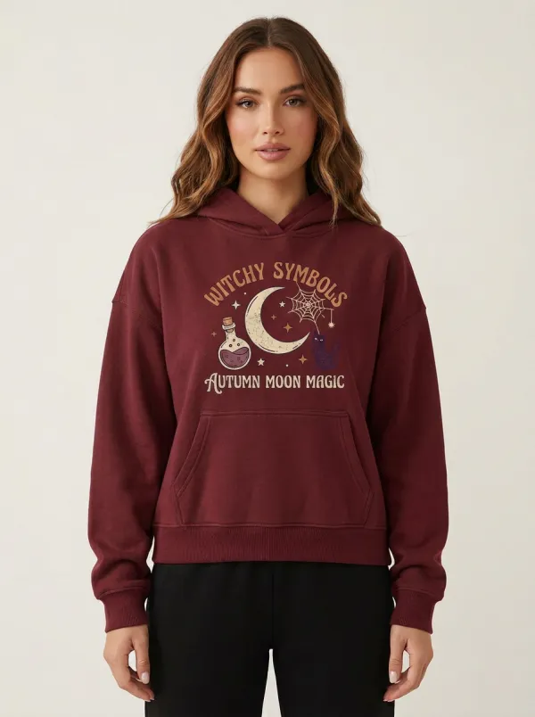 Women's Halloween Witchy Moon Cat Potion Printed Hoodie