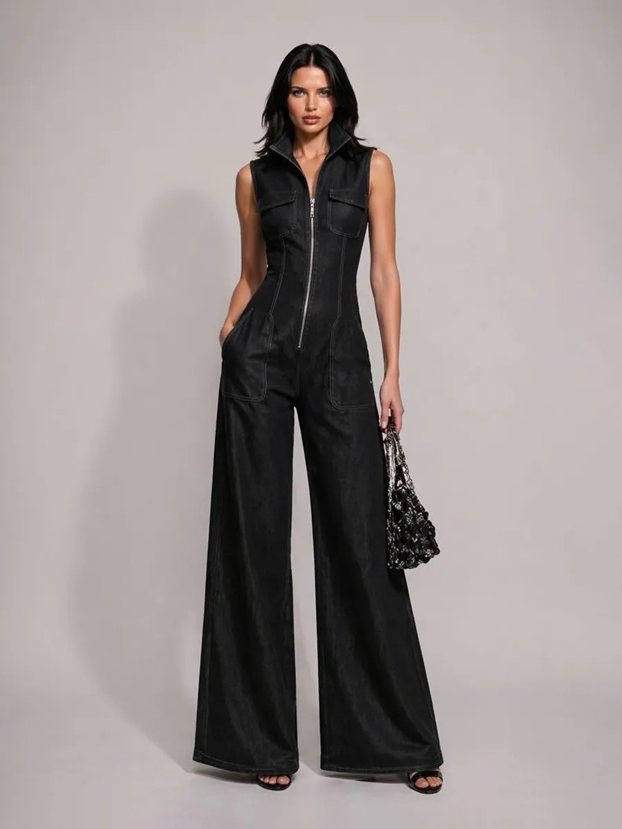 Amira Retro Stand-Collar Zip-Front Sleeveless Denim Jumpsuit