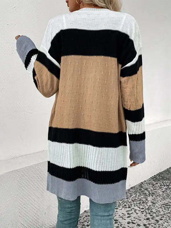 Long-Sleeve Knit Striped Pocketed Cardigan