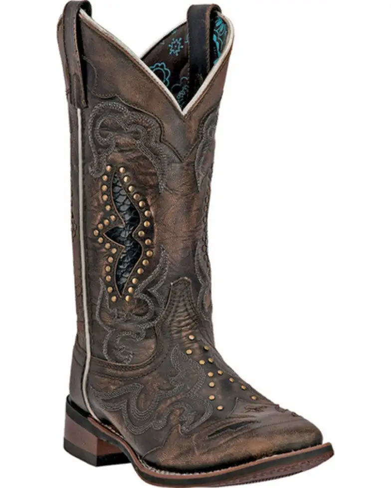 Women's Leather Square Toe Western Fancy Stitched Boots