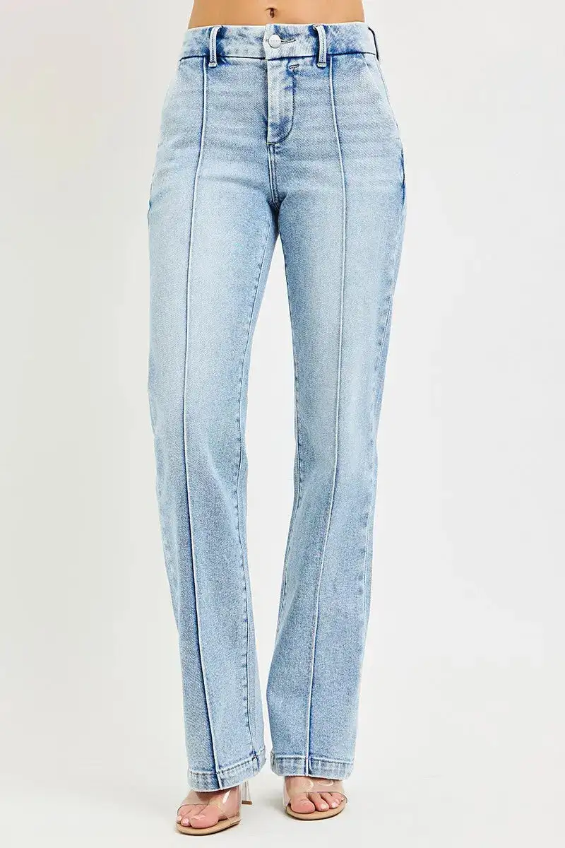 Tummy Control High Rise Straight Leg Pocketed Denim Jeans