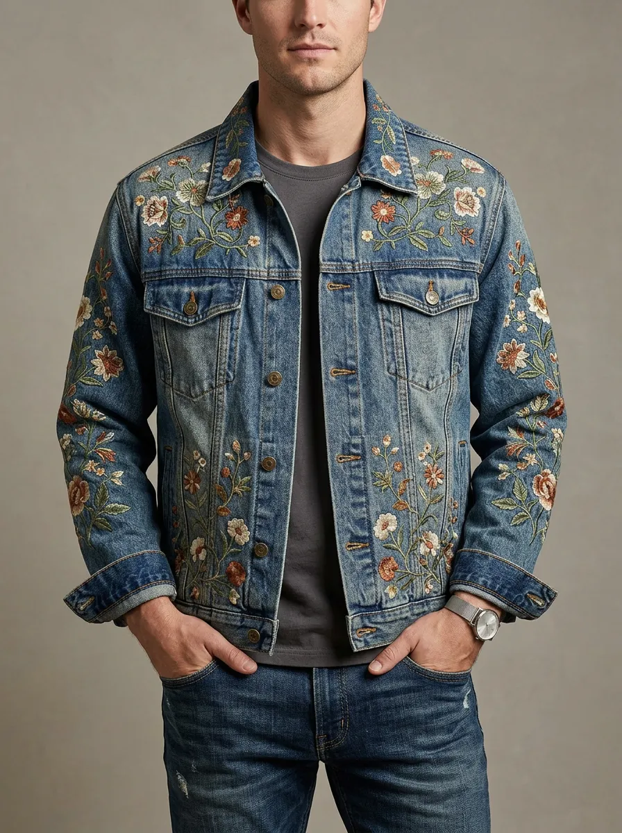 Men's Retro Floral Vintage Inspired Denim Jacket