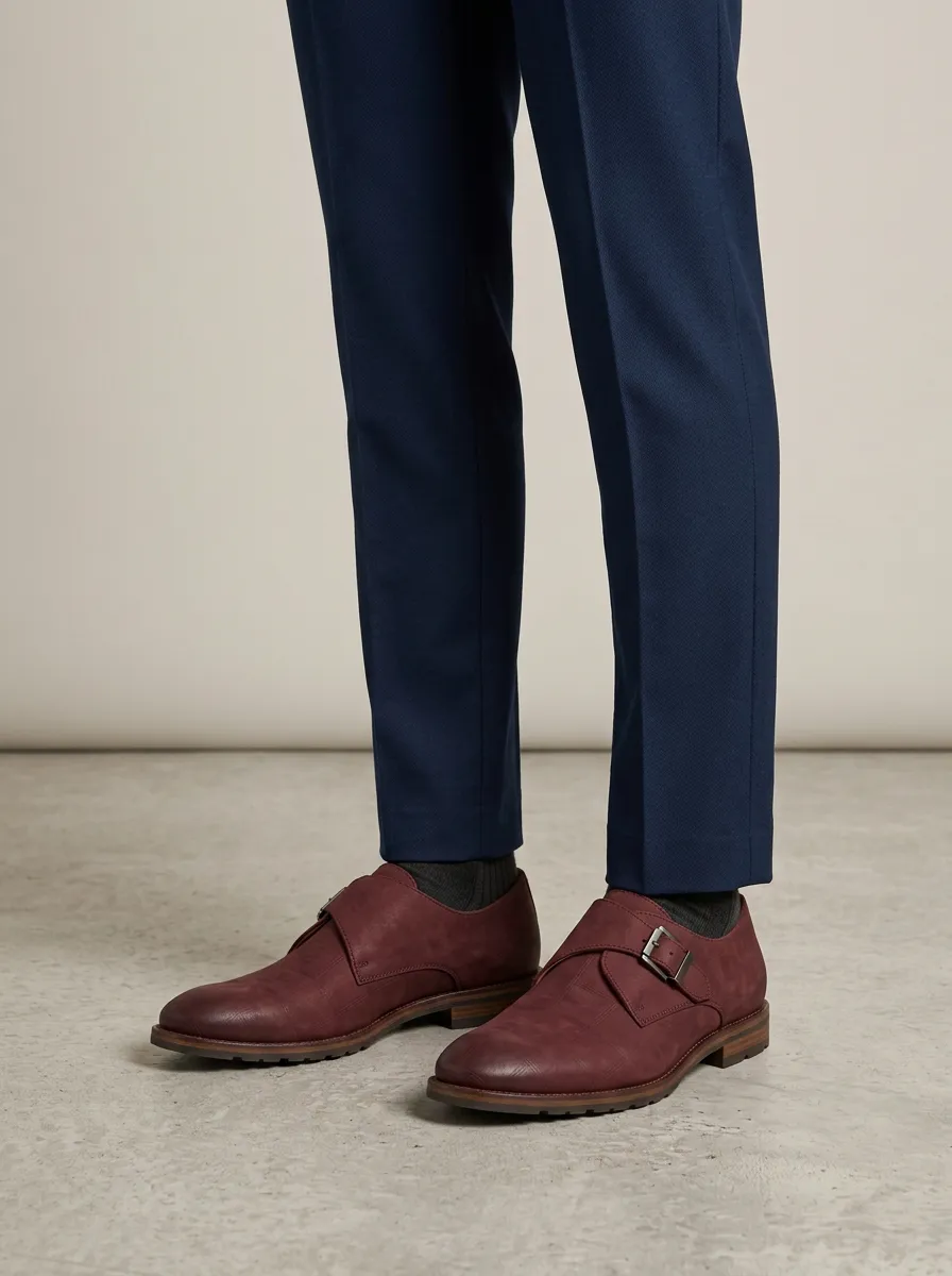 Men's Plaid Pattern Buckle Monk Strap Leather Shoes