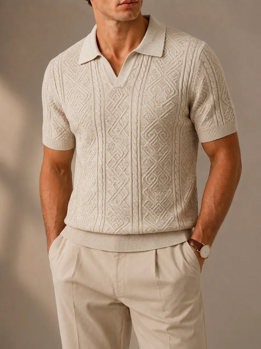 Men's Geometric Pattern Knit Polo Shirt Featuring Open Collar and Short Sleeves